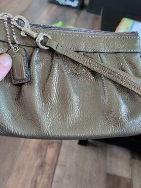 Coach Metallic Olive Green Leather Wristlet Clutch